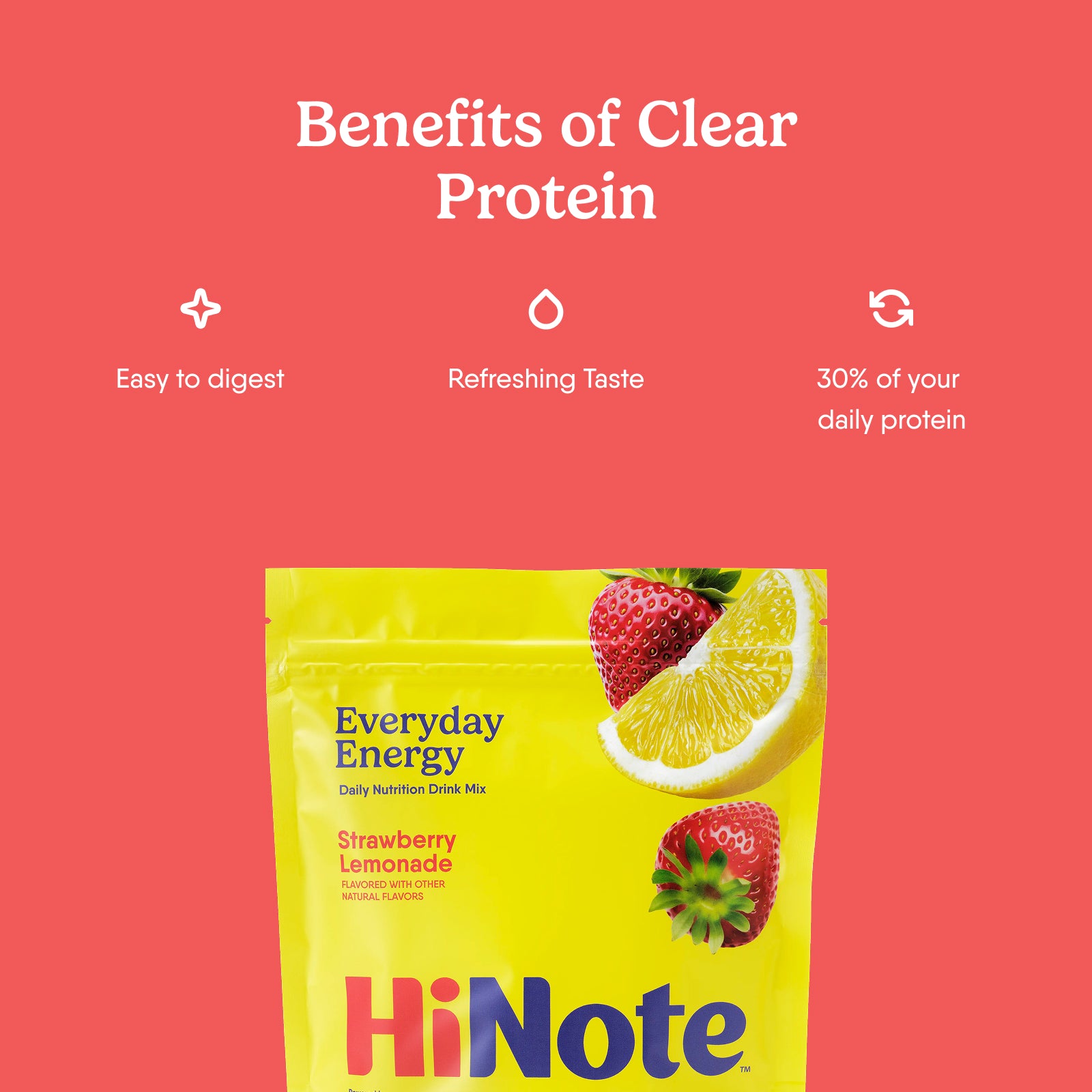 Banner showing benefits of clear protein: easy to digest, refreshing taste, 30% daily protein, HiNote pouch