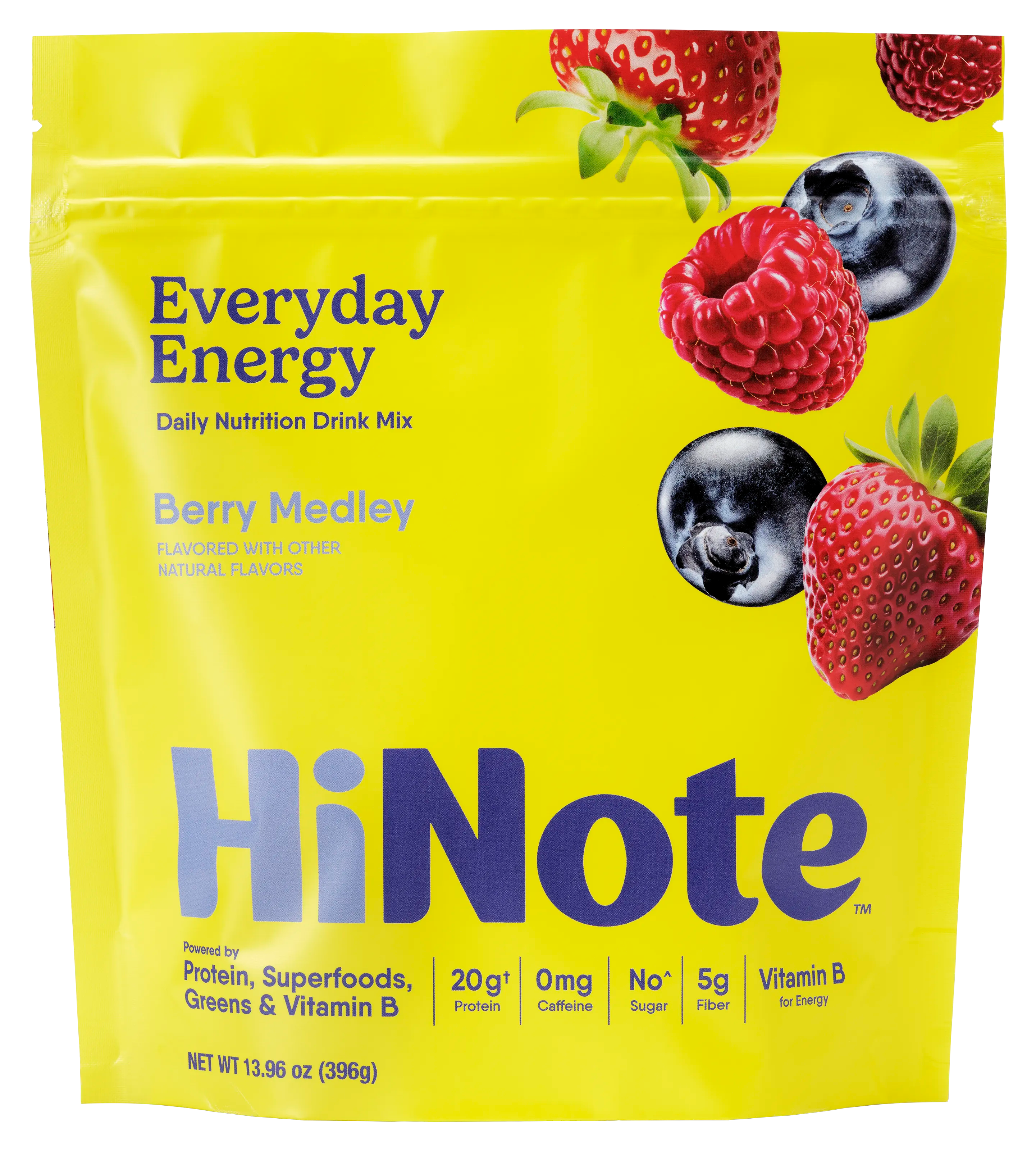 Front of HiNote Everyday Energy Berry Medley pouch showcasing HiNote logo, 'Everyday Energy' headline and berries on yellow background