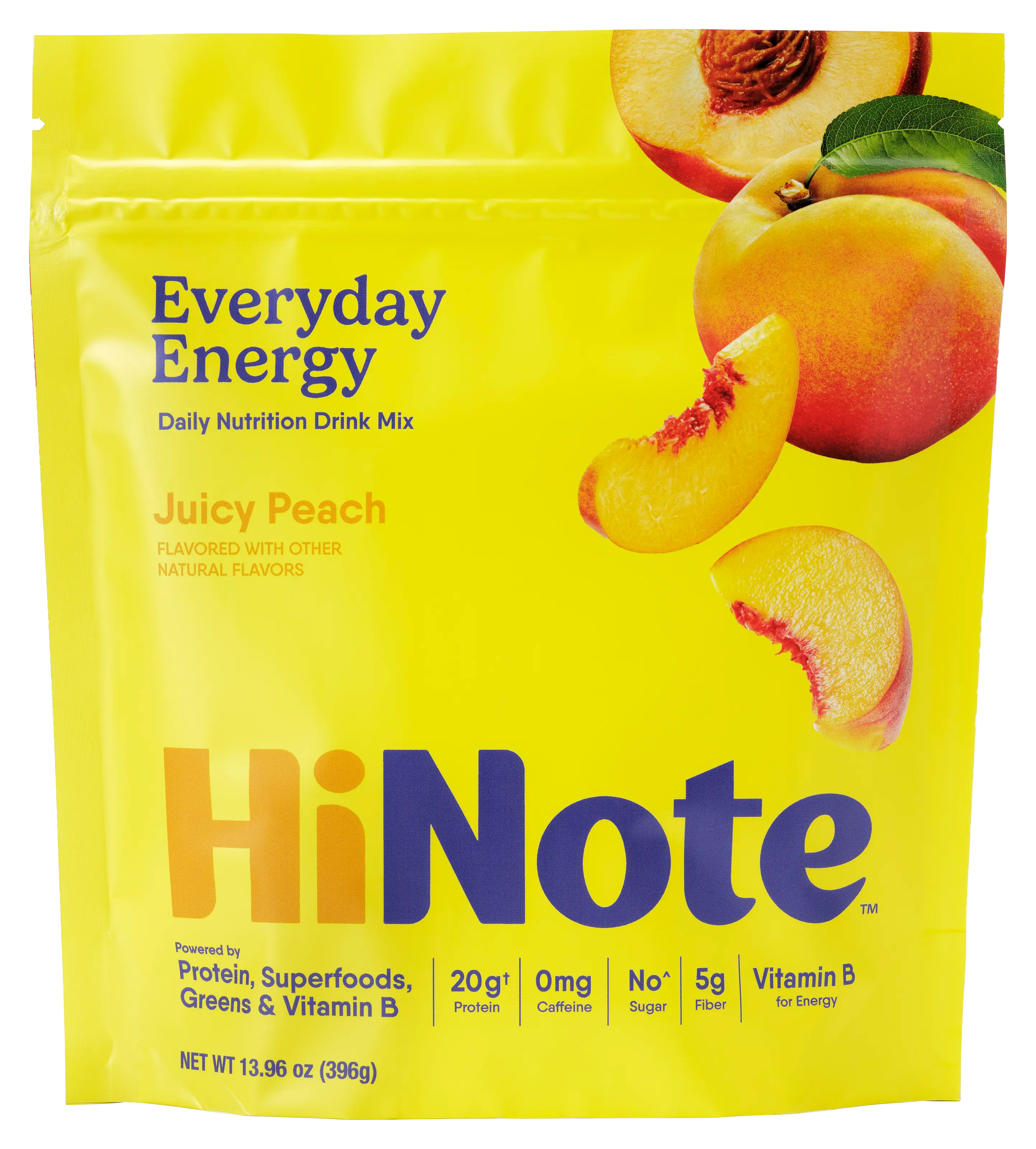 Front of HiNote Everyday Energy Juicy Peach pouch with 'Everyday Energy' headline, yellow packaging, peach images and 20g protein