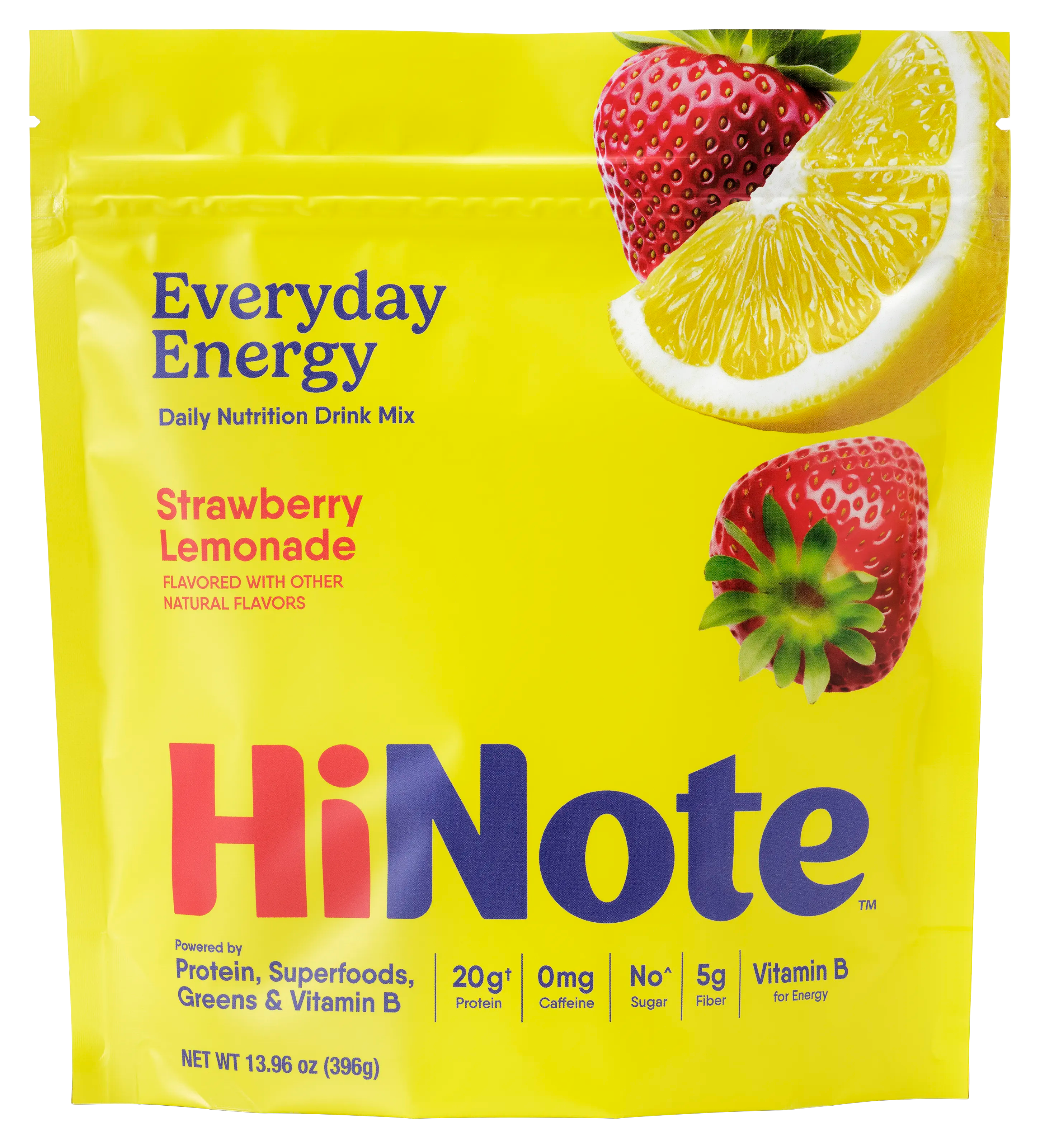 Front view of HiNote Everyday Energy Strawberry Lemonade pouch; yellow bag with strawberries and lemon slice and 20g protein