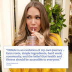 Photo showing testimonial quote from Carrie Underwood: HiNote is an evolution of my own journey – farm roots, simple ingredients, hard work, community, and the belief that health and fitness should be accessible to everyone.