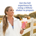 Carrie Underwood holding HiNote shaker outdoors; text: 'Get the full experience by using a HiNote shaker to prepare'