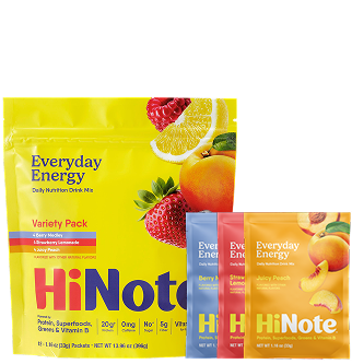 Front view of HiNote Everyday Energy Variety Pack pouch with three flavor sachets on white background