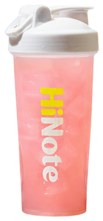 Front view of HiNote pink translucent shaker bottle showcasing a white flip lid and vertical HiNote logo on white background