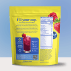 Back of HiNote Everyday Energy Berry Medley pouch showing headline Fill your cup, nutrition facts, ingredients, usage directions, and berry drink image