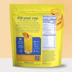 Back of HiNote Everyday Energy Juicy Peach pouch showing Fill your cup headline, nutrition facts, and serving instructions