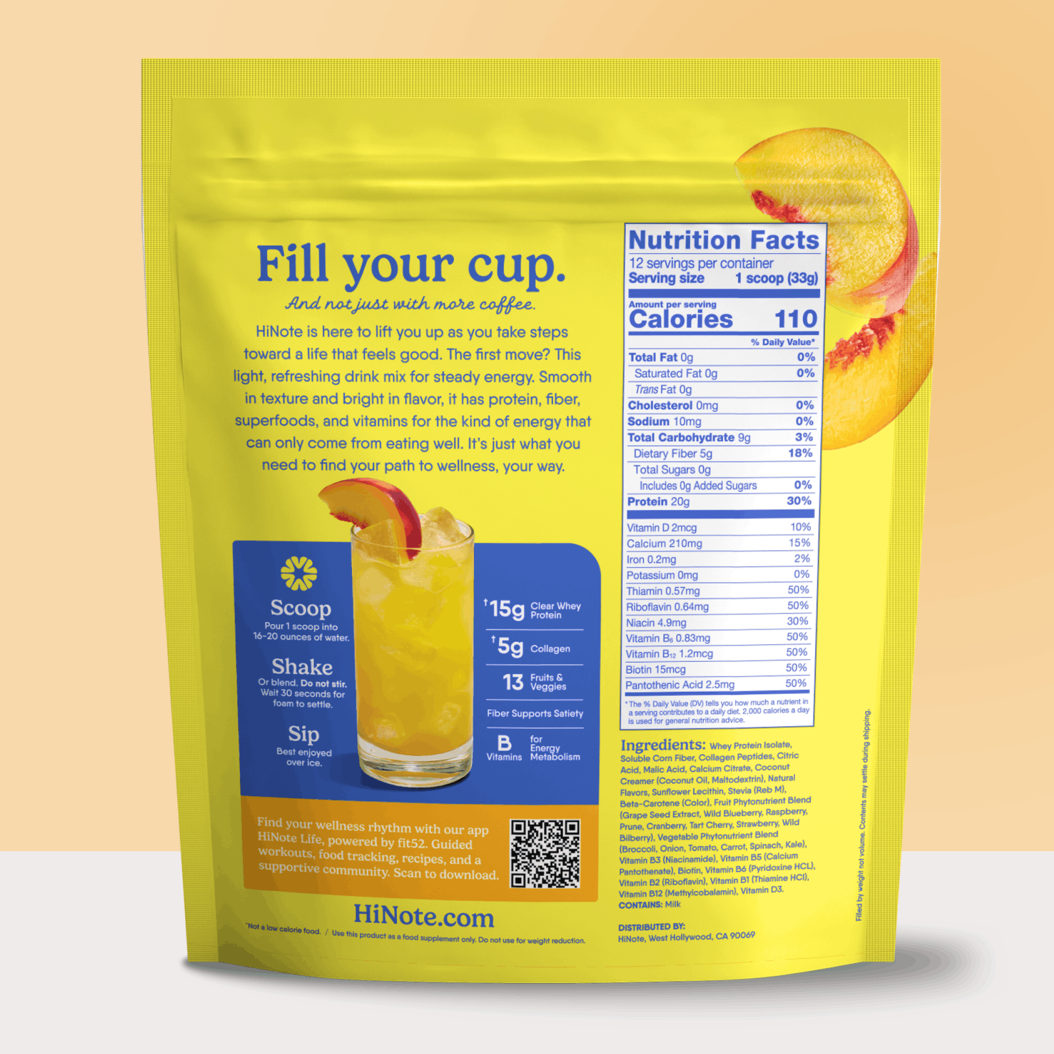 Back of HiNote Everyday Energy Juicy Peach pouch showing Fill your cup headline, nutrition facts, and serving instructions