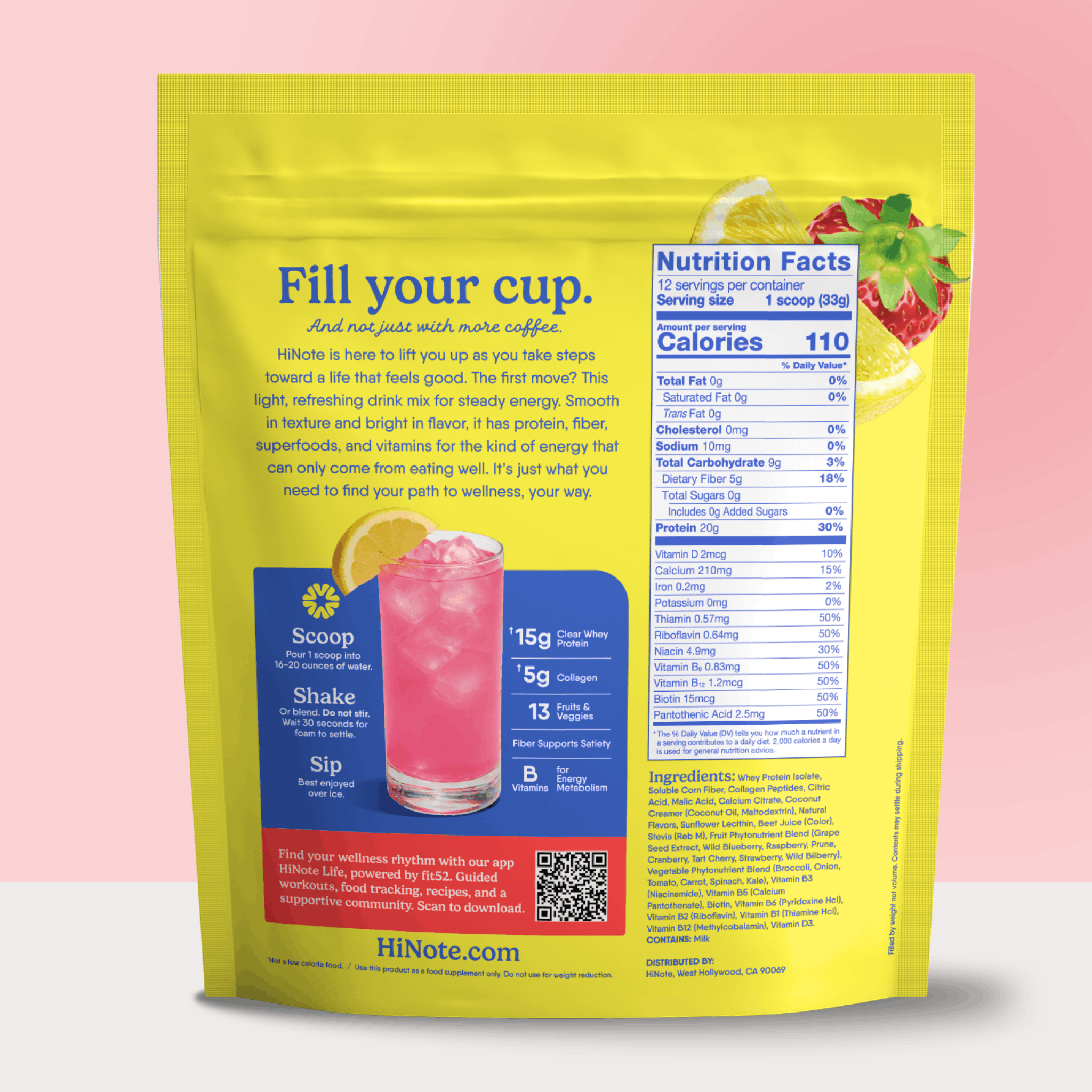 Back of HiNote Everyday Energy Strawberry Lemonade pouch showing Nutrition Facts: 110 cal, 20g protein, scoop instructions