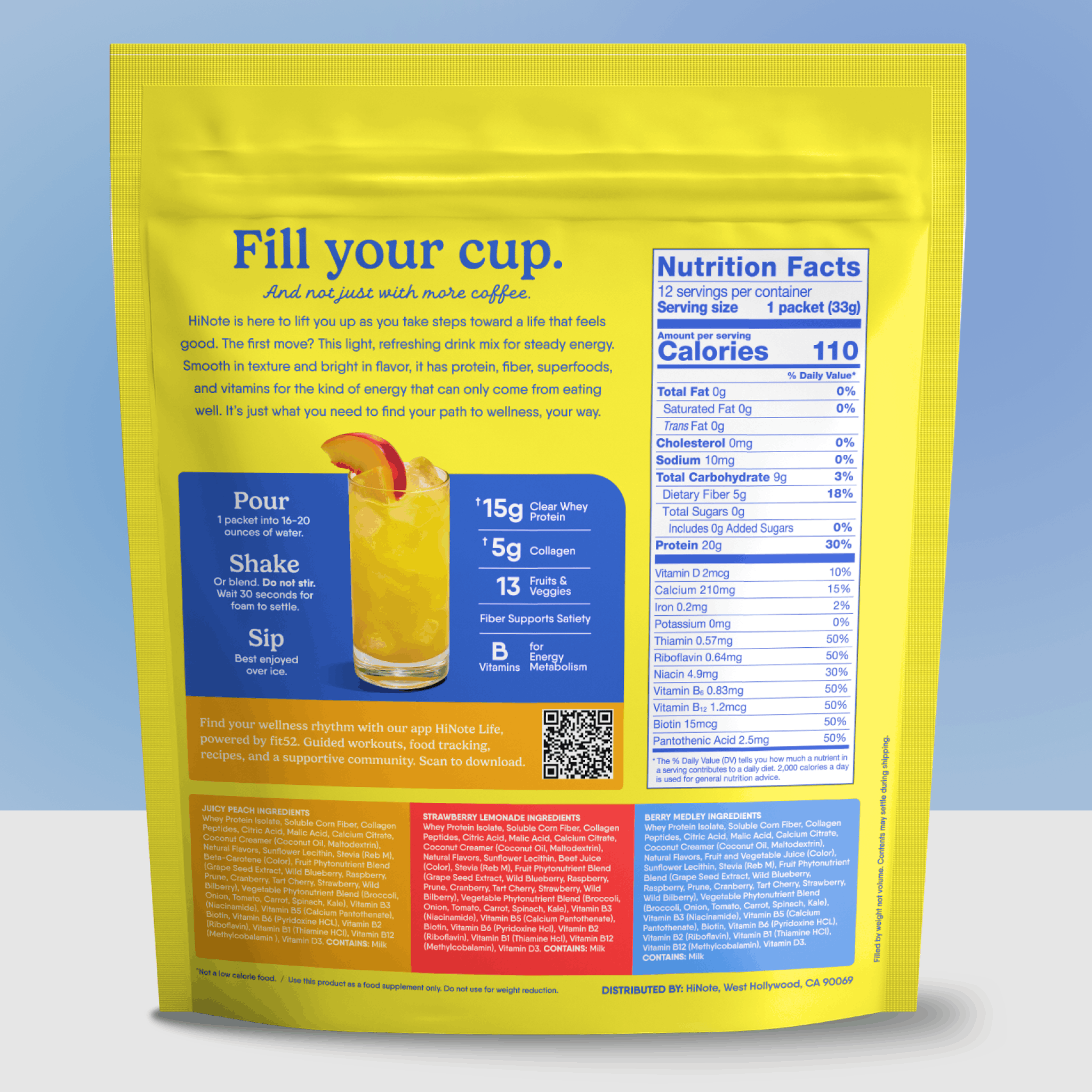 Rear view of HiNote Everyday Energy variety pack pouch showcasing the large headline "Fill your cup", Pour/Shake/Sip preparation steps, and Nutrition Facts panel on a light blue background